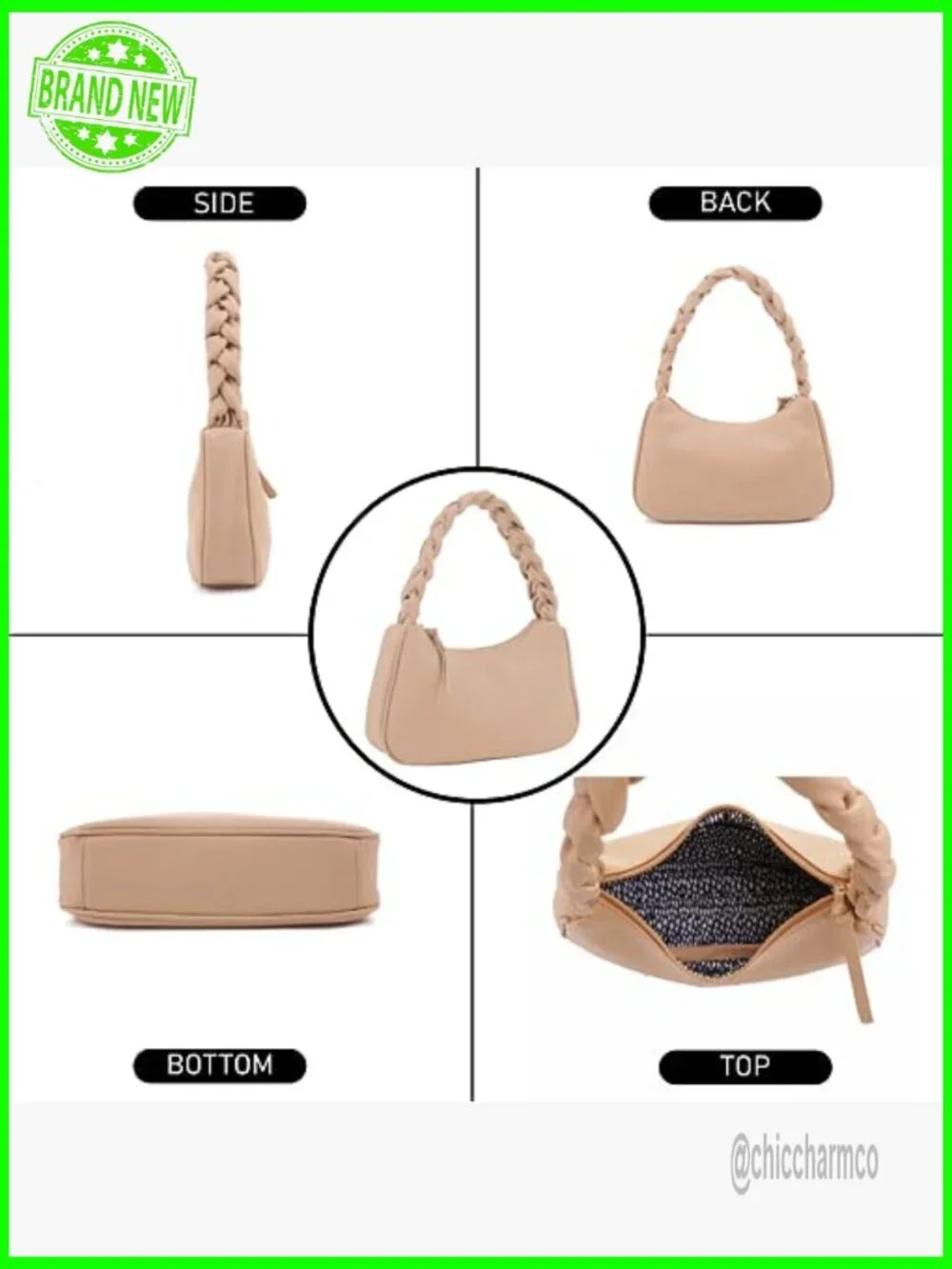 Small Vegan Leather Hobo Tote with Braided Handle, Zipper Closure
